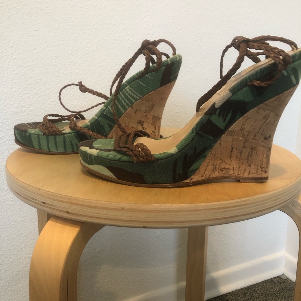 Michael Kors Green Tropical Foliage Cork Wedge Sandals with Braided Brown Straps